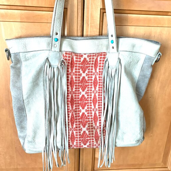 Free People Boho Leather & Suede Studded Tassel Tote – Turquoise & Rust Embroide - Picture 10 of 10